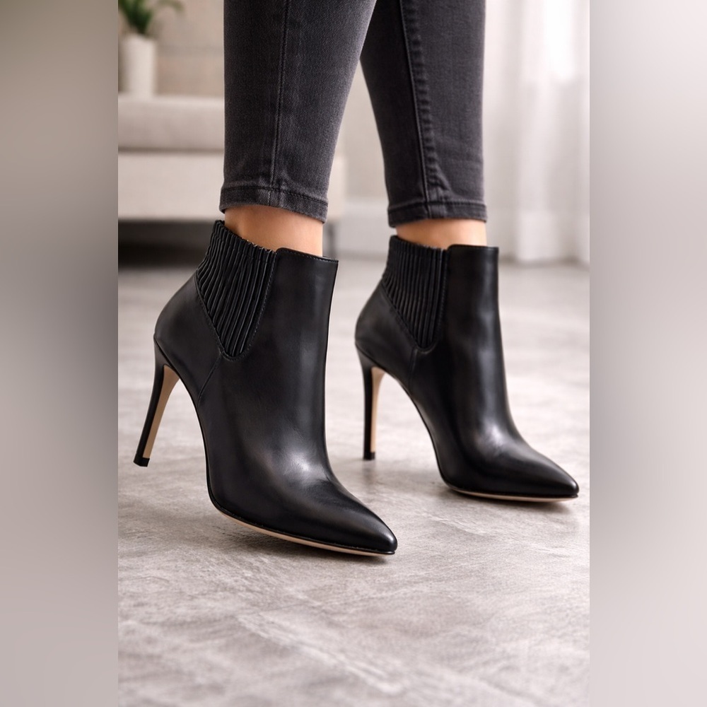 BCBG Generation Black Leather Ankle Booties – Pointed Toe High Heel, 10 new